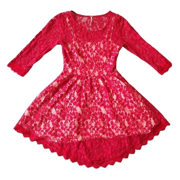 Free People Red Pink Lace 3/4 Sleeve Skater Dress Attached Slip Liner Modern - Picture 1 of 10
